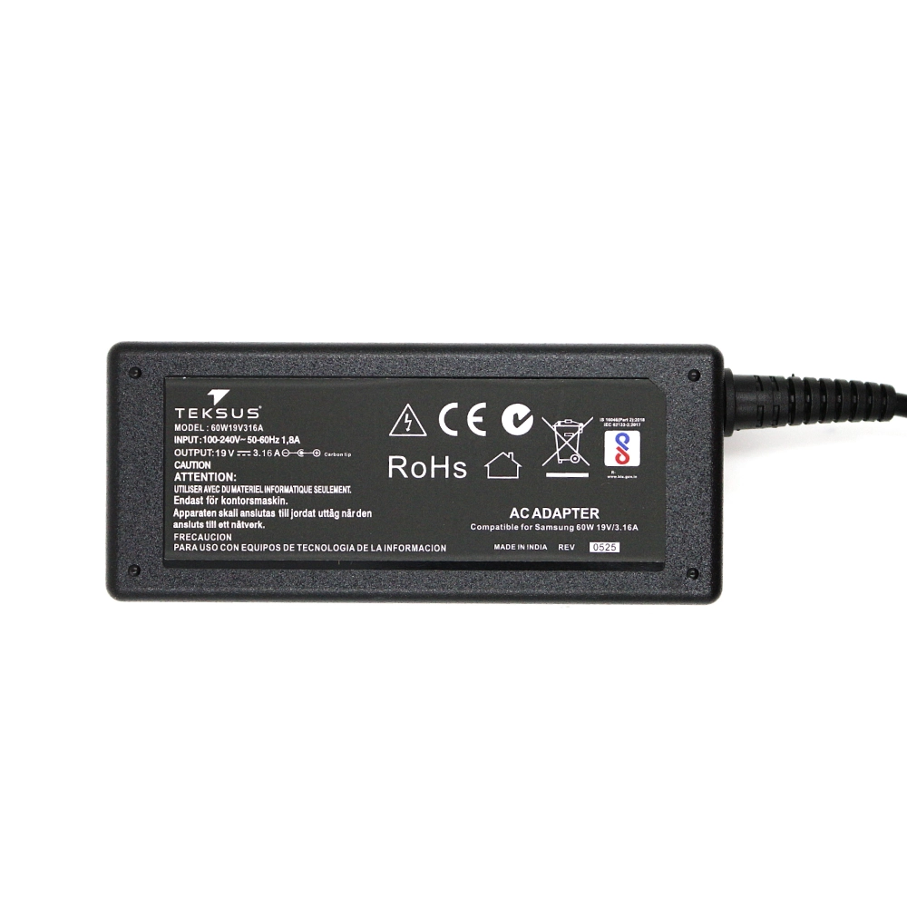 Teksus Laptop Adapter Compatible For Samsung 60w | 19v/3.16a | 5.5mm x 3.0mm view 3